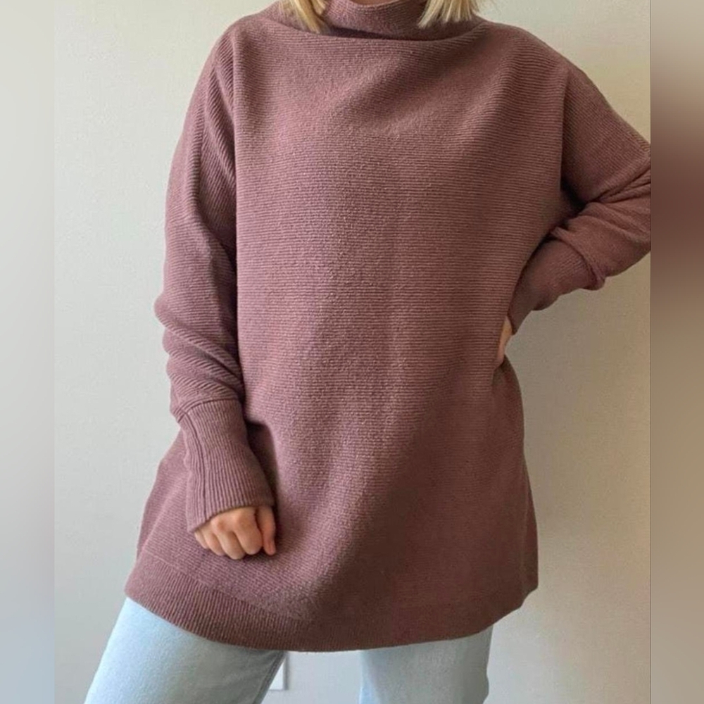 Free People Dusty Mauve Ribbed Cowl Tunic Sweater